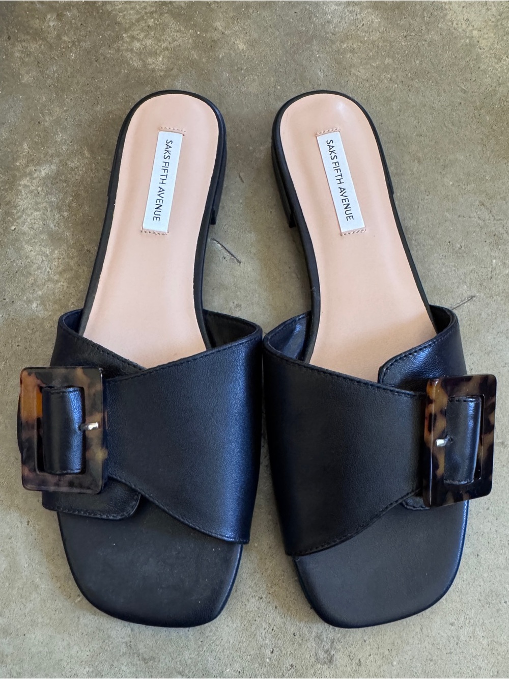 Saks Fifth Avenue Black Leather Slide Sandals with Tortoiseshell Buckles - 8